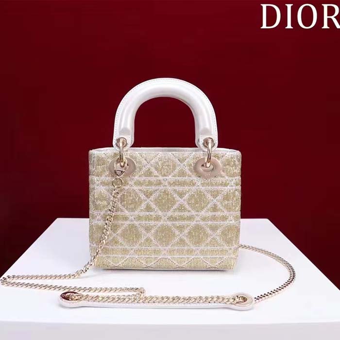 Dior Women CD Mini Lady Dior Bag Caramel Beige Cannage Cotton Embroidered Micropearls (8)