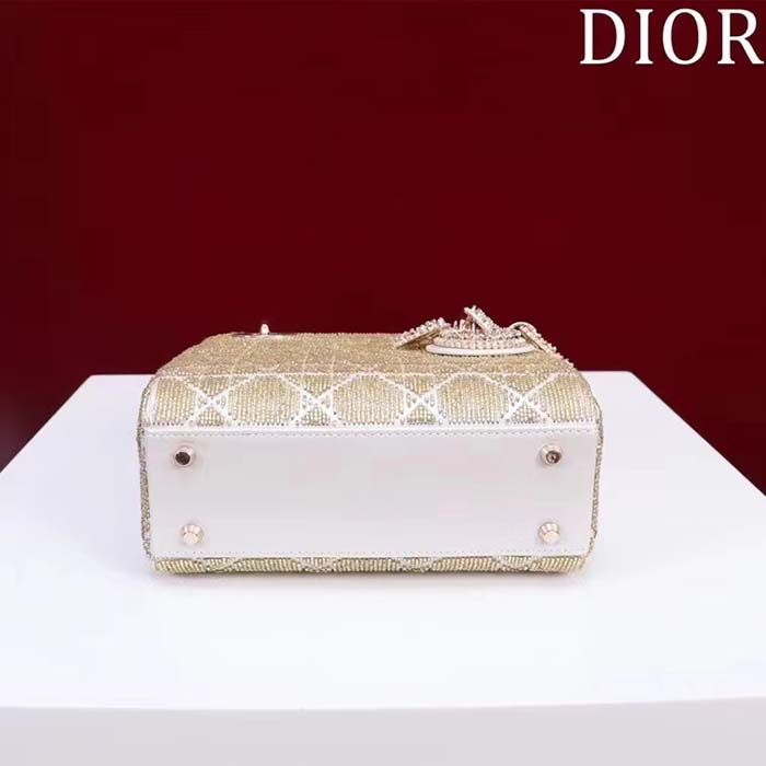 Dior Women CD Mini Lady Dior Bag Caramel Beige Cannage Cotton Embroidered Micropearls (9)