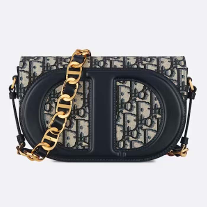 Dior Women CD Signature Bag Strap Blue Dior Oblique Jacquard Flap Closure