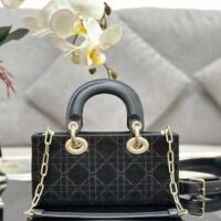 Dior Women CD Small Lady D-Joy Bag Black Cannage Cotton Micropearl Embroidery (8)