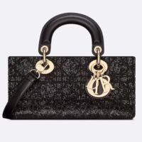 Dior Women CD Small Lady D-Joy Bag Black Cannage Cotton Micropearl Embroidery (8)