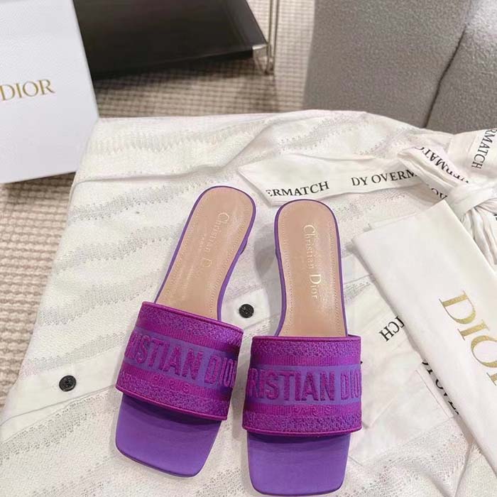 Dior Women Shoes Dway Heeled Slide Purple Embroidered Satin Cotton (2)