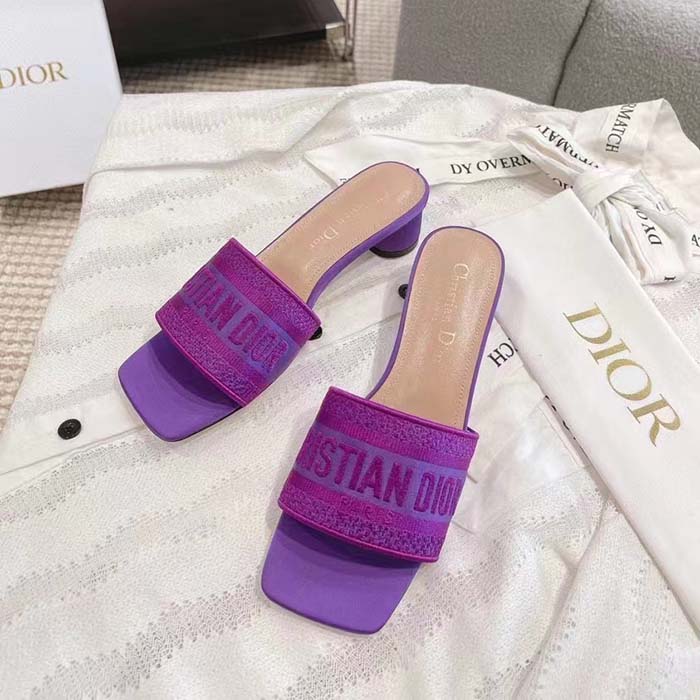 Dior Women Shoes Dway Heeled Slide Purple Embroidered Satin Cotton (5)