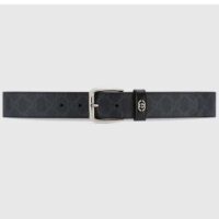 Gucci GG Unisex Belt Interlockig G Black GG Supreme Canvas Leather Square Buckle