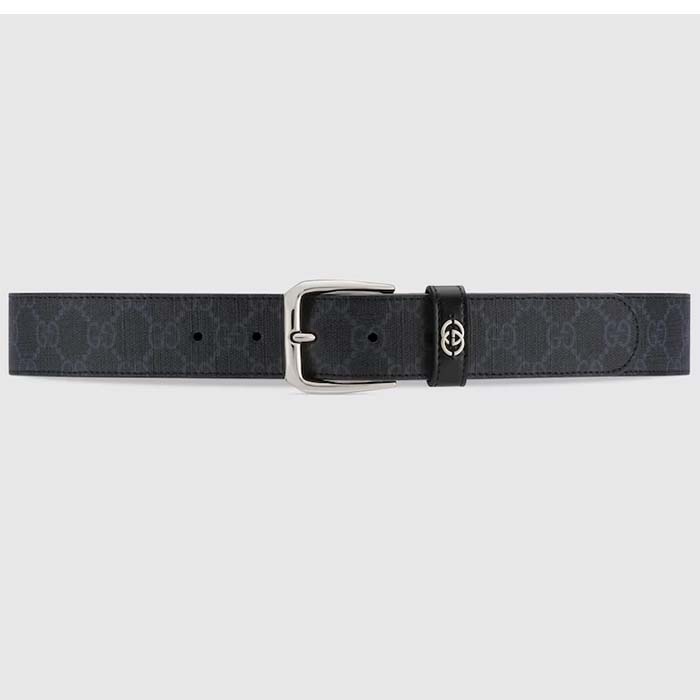 Gucci GG Unisex Belt Interlockig G Black GG Supreme Canvas Leather Square Buckle