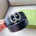 Gucci GG Unisex Buckle Wide Belt Black Leather Double G 4 CM Width - Imagen 8