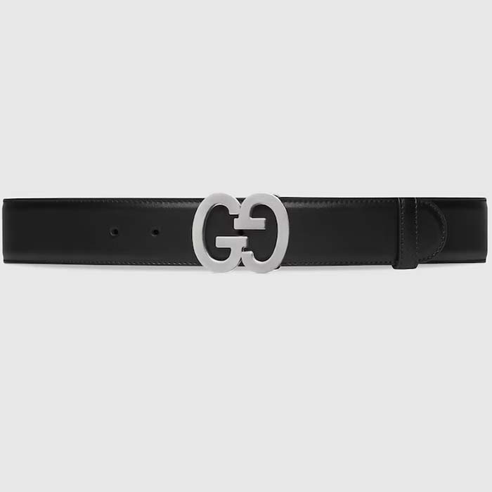 Gucci GG Unisex Buckle Wide Belt Black Leather Double G 4 CM Width