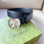 Gucci GG Unisex Buckle Wide Belt Black Leather Double G 4 CM Width - Imagen 7