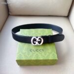 Gucci GG Unisex Buckle Wide Belt Black Leather Double G 4 CM Width - Imagen 2