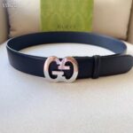 Gucci GG Unisex Buckle Wide Belt Black Leather Double G 4 CM Width - Imagen 3