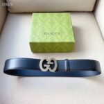 Gucci GG Unisex Buckle Wide Belt Black Leather Double G 4 CM Width - Imagen 4