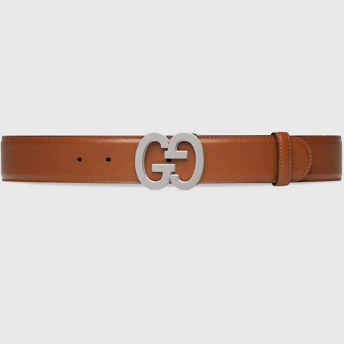 Gucci GG Unisex Buckle Wide Belt Brown Leather Double G 4 CM Width