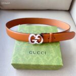 Gucci GG Unisex Buckle Wide Belt Brown Leather Double G 4 CM Width – Image 3