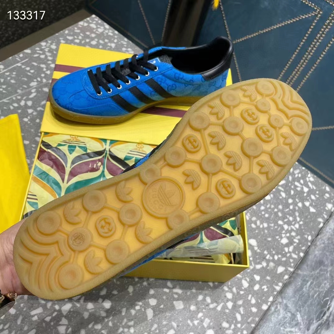 Gucci Unisex Adidas x Gucci Gazelle Sneaker Blue Original GG Canvas Rubber Low 3 CM Heel (1)