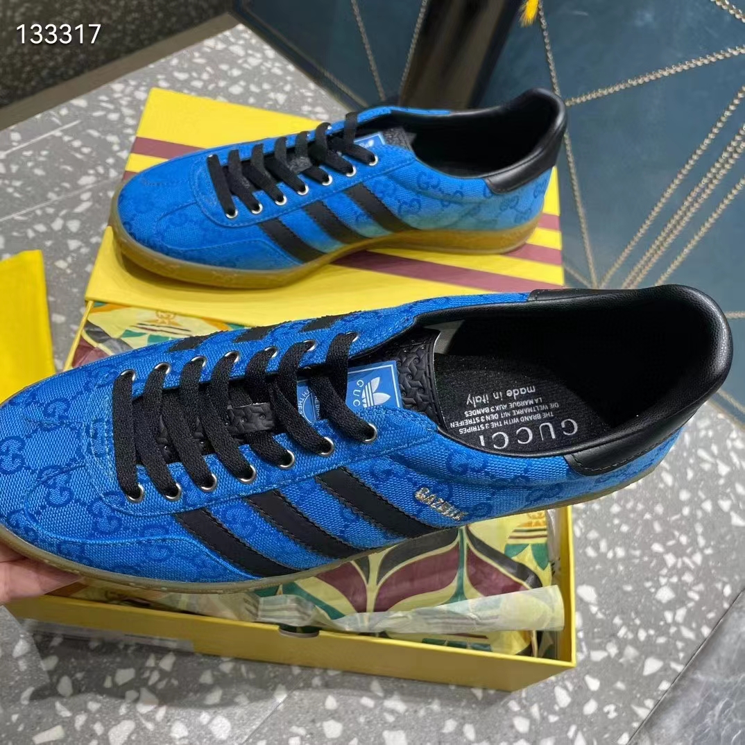 Gucci Unisex Adidas x Gucci Gazelle Sneaker Blue Original GG Canvas Rubber Low 3 CM Heel