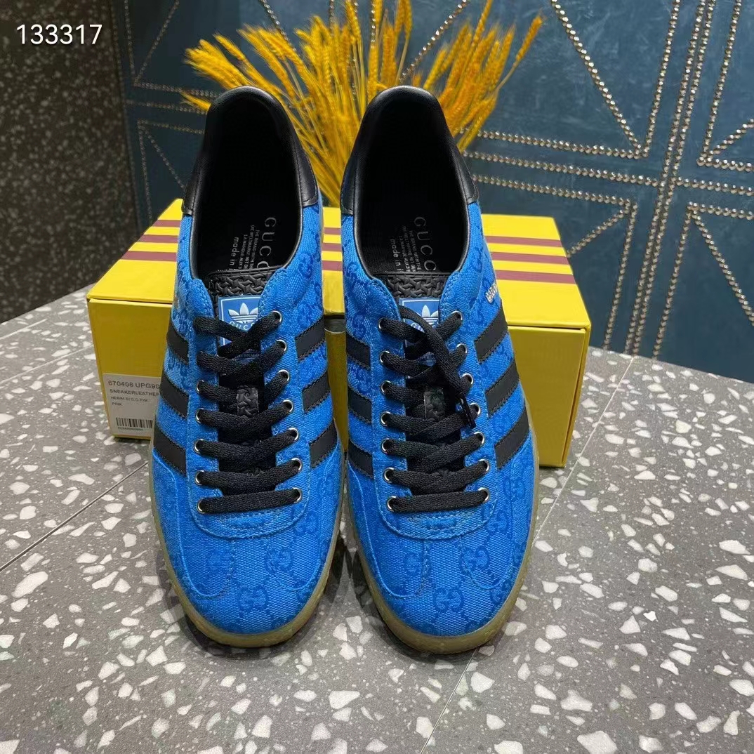 Gucci Unisex Adidas x Gucci Gazelle Sneaker Blue Original GG Canvas Rubber Low 3 CM Heel