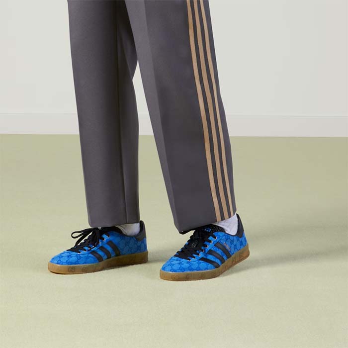 Gucci Unisex Adidas x Gucci Gazelle Sneaker Blue Original GG Canvas Rubber Low 3 CM Heel