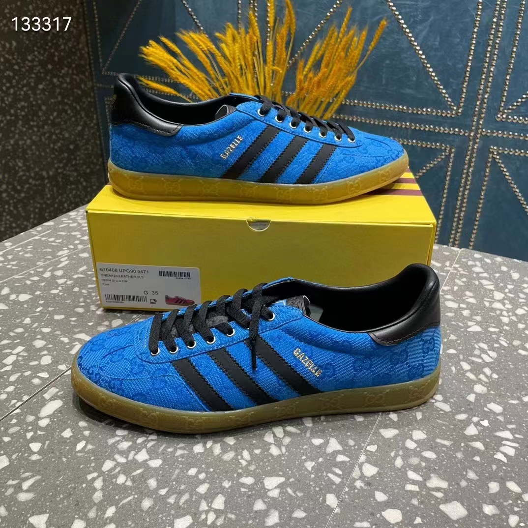 Gucci Unisex Adidas x Gucci Gazelle Sneaker Blue Original GG Canvas Rubber Low 3 CM Heel