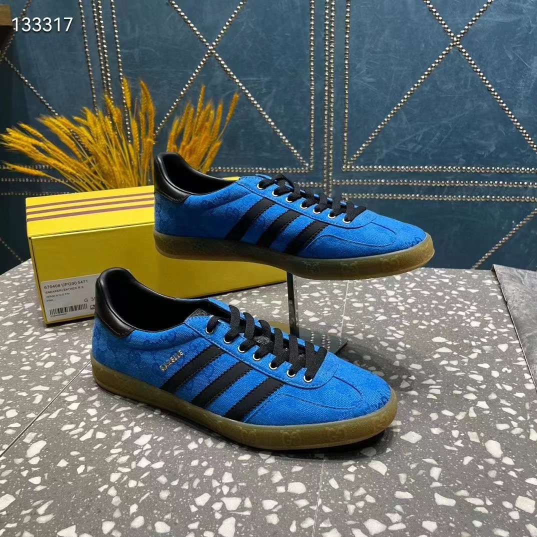 Gucci Unisex Adidas x Gucci Gazelle Sneaker Blue Original GG Canvas Rubber Low 3 CM Heel
