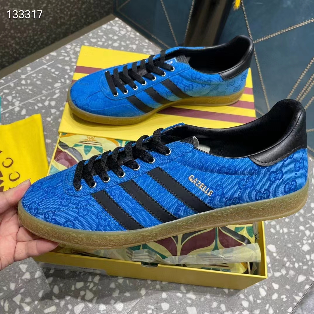 Gucci Unisex Adidas x Gucci Gazelle Sneaker Blue Original GG Canvas Rubber Low 3 CM Heel