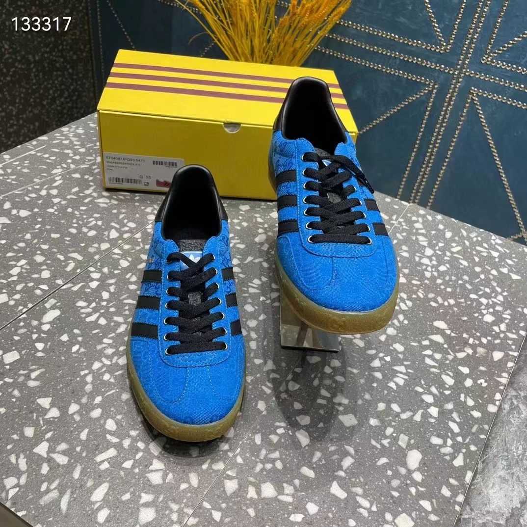 Gucci Unisex Adidas x Gucci Gazelle Sneaker Blue Original GG Canvas Rubber Low 3 CM Heel