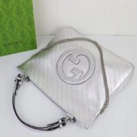 Gucci Unisex Blondie Medium Tote Bag Silver Lamé Leather Round Interlocking G (5)