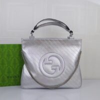 Gucci Unisex Blondie Medium Tote Bag Silver Lamé Leather Round Interlocking G (5)