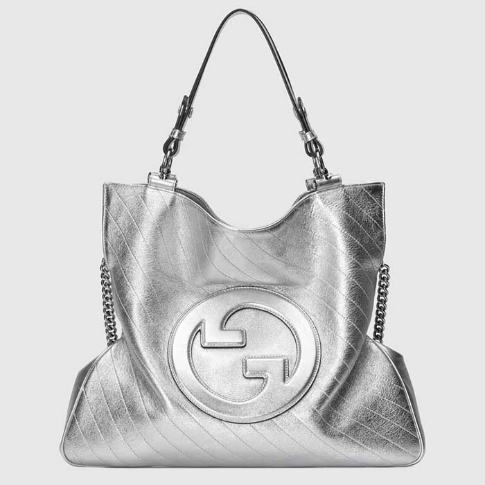Gucci Unisex Blondie Medium Tote Bag Silver Lamé Leather Round Interlocking G