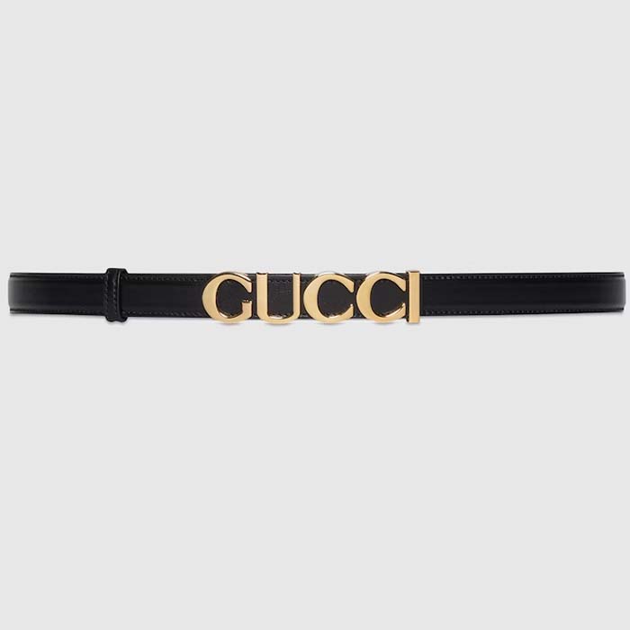 Gucci Unisex Bucket Thin Belt Black Leather Gold-Toned Hardware 2 CM Width