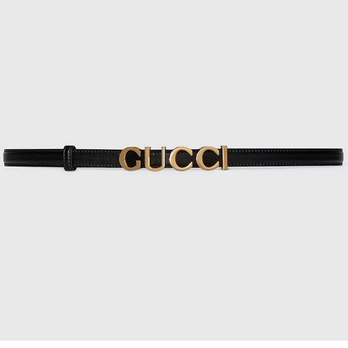 Gucci Unisex Buckle Thin Belt Black Leather Gold-Toned Hardware 1.5 CM Width (2)