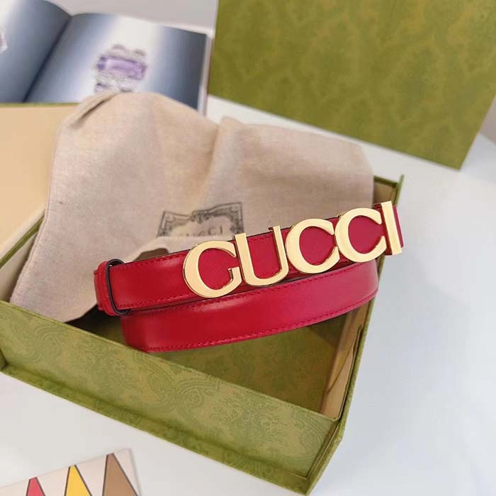 Gucci Unisex Buckle Thin Belt Red Leather Gold-Toned Hardware 1.5 CM Width (5)