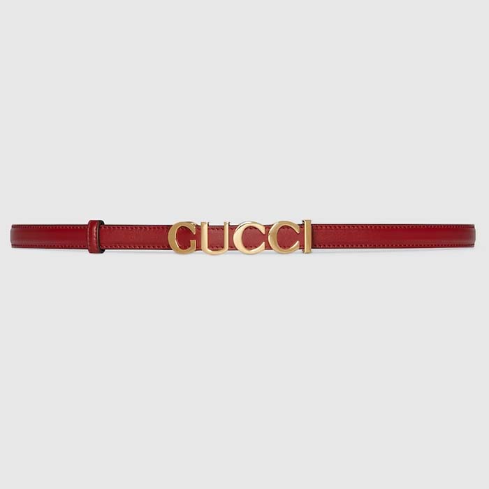 Gucci Unisex Buckle Thin Belt Red Leather Gold-Toned Hardware 1.5 CM Width