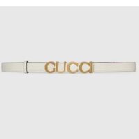 Gucci Unisex Buckle Thin Belt White Leather Gold-Toned Hardware 2 CM Width