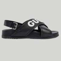 Gucci Unisex GG Gucci Sandal Smooth Black White Leather Script Rubber Buckle Flat (1)