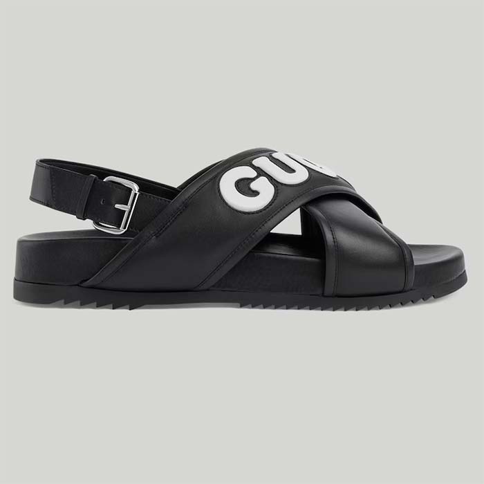 Gucci Unisex GG Gucci Sandal Smooth Black White Leather Script Rubber Buckle Flat