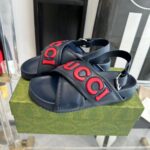 Gucci Unisex GG Gucci Sandal Smooth Blue Red Leather Script Rubber Buckle Flat – Image 4