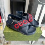 Gucci Unisex GG Gucci Sandal Smooth Blue Red Leather Script Rubber Buckle Flat – Image 2