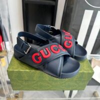 Gucci Unisex GG Gucci Sandal Smooth Blue Red Leather Script Rubber Buckle Flat (8)