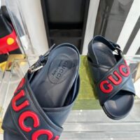 Gucci Unisex GG Gucci Sandal Smooth Blue Red Leather Script Rubber Buckle Flat (8)