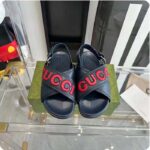 Gucci Unisex GG Gucci Sandal Smooth Blue Red Leather Script Rubber Buckle Flat – Image 5