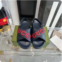 Gucci Unisex GG Gucci Sandal Smooth Blue Red Leather Script Rubber Buckle Flat (8)