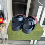 Gucci Unisex GG Gucci Sandal Smooth Blue Red Leather Script Rubber Buckle Flat – Image 6