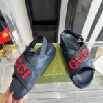 Gucci Unisex GG Gucci Sandal Smooth Blue Red Leather Script Rubber Buckle Flat – Image 7