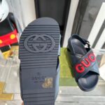 Gucci Unisex GG Gucci Sandal Smooth Blue Red Leather Script Rubber Buckle Flat – Image 10