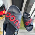 Gucci Unisex GG Gucci Sandal Smooth Blue Red Leather Script Rubber Buckle Flat – Image 8