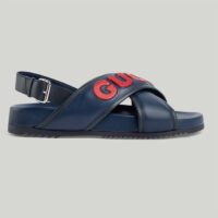 Gucci Unisex GG Gucci Sandal Smooth Blue Red Leather Script Rubber Buckle Flat (8)