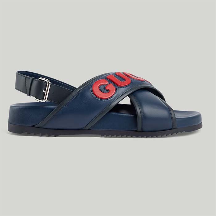 Gucci Unisex GG Gucci Sandal Smooth Blue Red Leather Script Rubber Buckle Flat