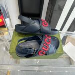 Gucci Unisex GG Gucci Sandal Smooth Blue Red Leather Script Rubber Buckle Flat – Image 3