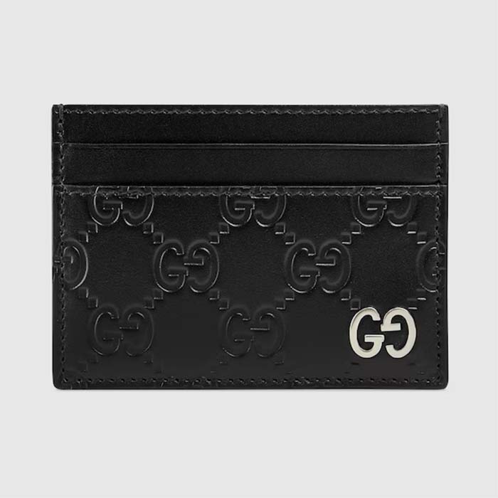 Gucci Unisex GG Gucci Signature Card Case Black Leather Metal Four Card Slots