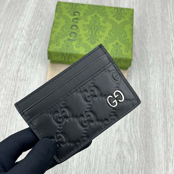 Gucci Unisex GG Gucci Signature Card Case Black Leather Metal Four Card Slots (10)